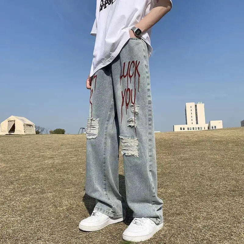 Y2k Streetwear Printed Ripped Hole Jeans Men Wide Leg Denim Baggy Pants Vintage Casual Jeans Straight Trousers