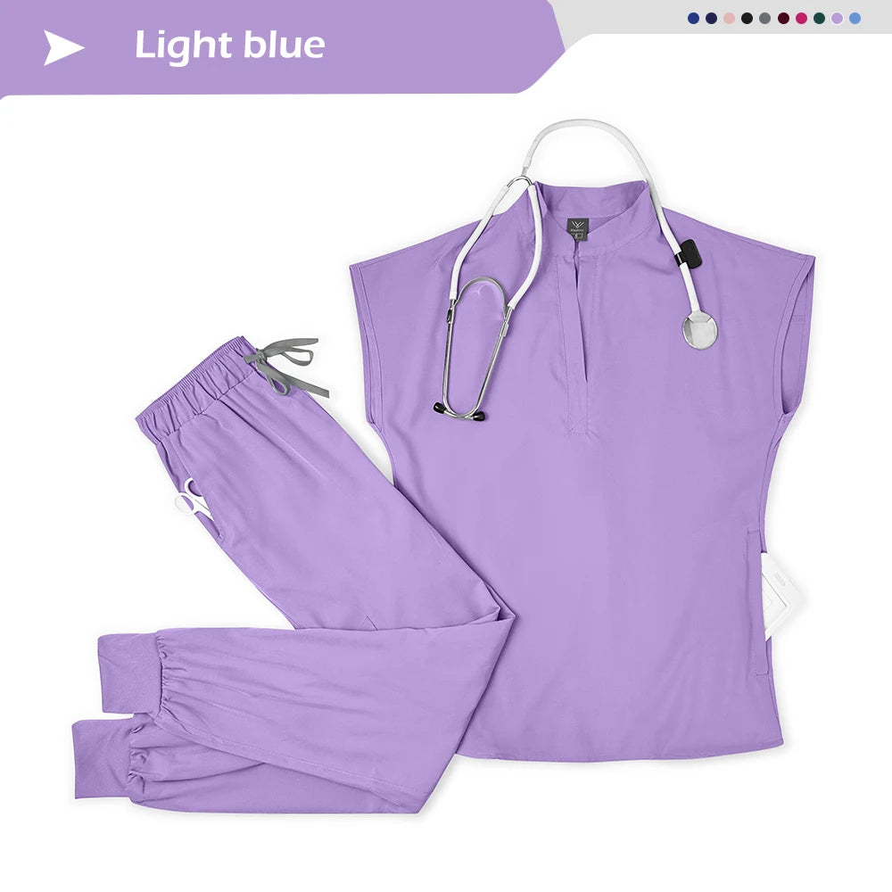 Wholesale Medical Scrub Set Spandex Stretch Nurse Scrub Beauty Spa Uniform Healthcare Nursing Pharmacy Lab Coat Clinical Uniform
