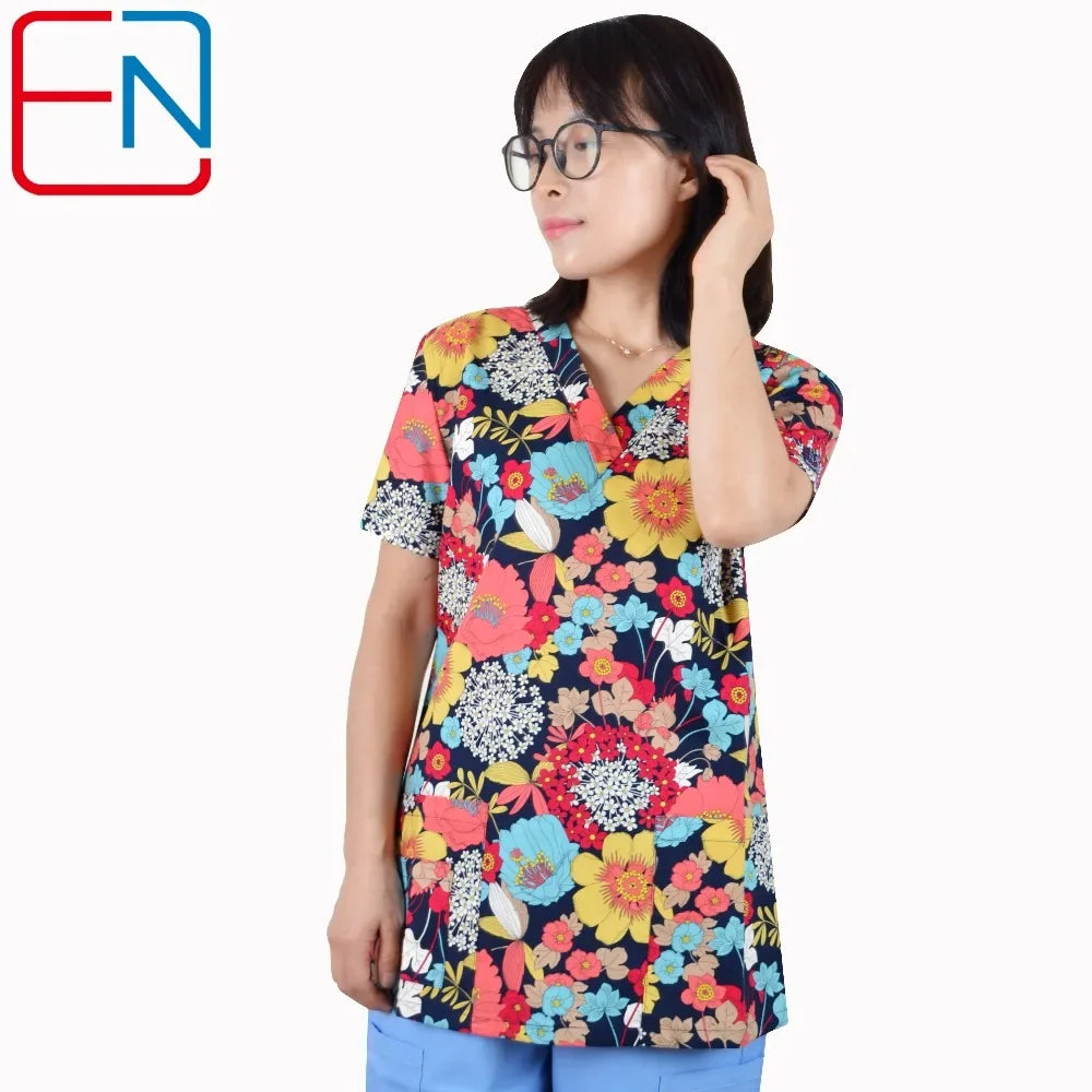 Hennar Print Vet Scrub Uniform For Women In 100% Cotton 4 pockets,XXS-5XL Pet Doctors Medical Scrub Tops