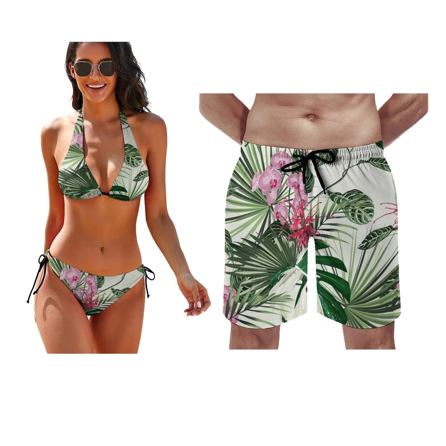 Polynesian Custom Bikini Beach Couple Set Push Up Swimwear with Chest Pad Strap Swimwear Beach Trousers Surfing Couple