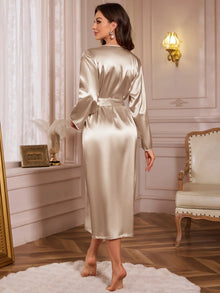Luxury Womens Silk Satin Belted Robe V-Neck Elegant Sleepwear Comfort Bathrobe Loungewear Romantic Solid