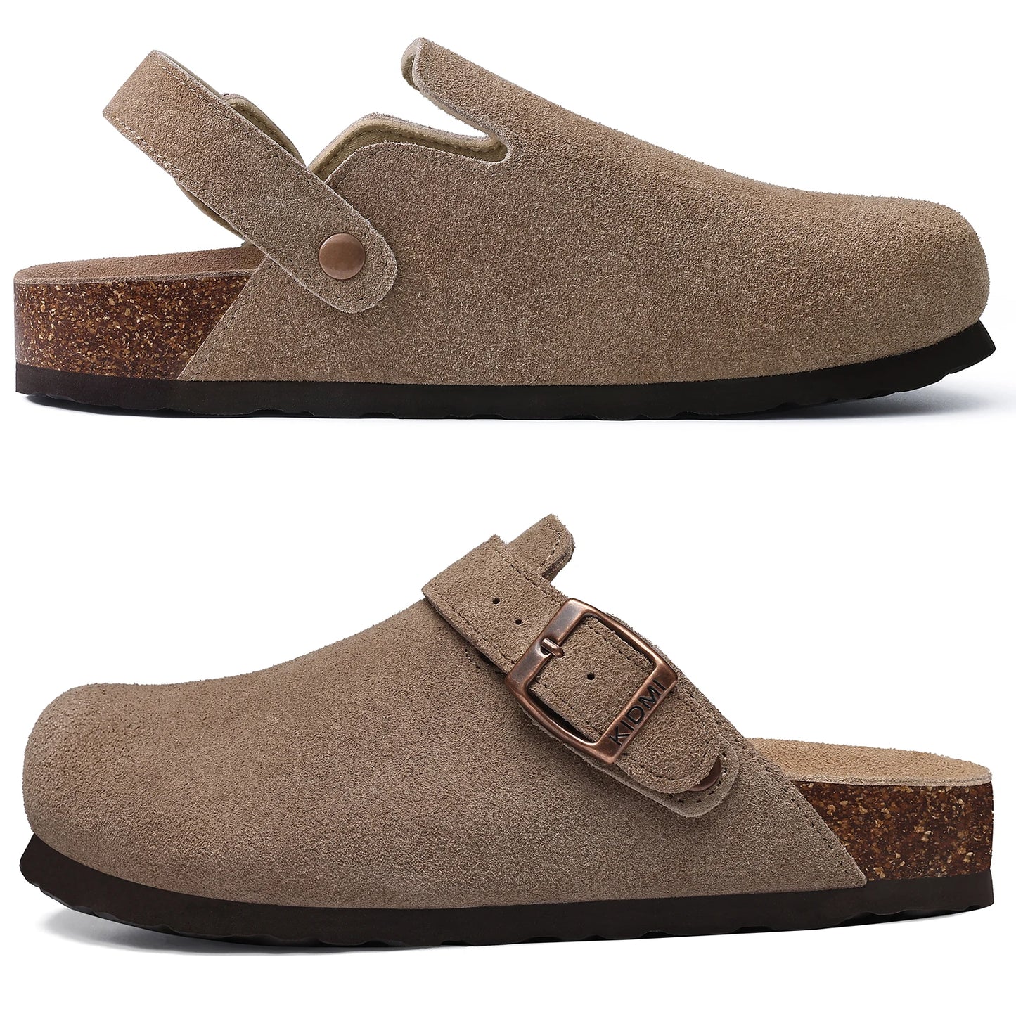 Shevalues Women Cow Suede Clogs With Adjustable Buckle Cork Leather Mules Comfortable Slip on Women Slippers Outdoor Cork Clogs