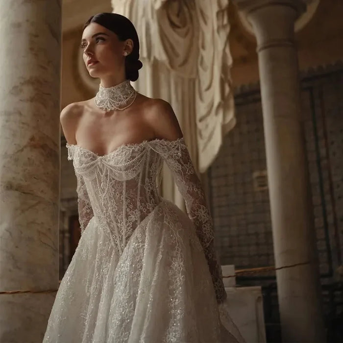Customzied Graceful Lace A Line Wedding Dress Sweetheart Bride Gown Elegant Full SleeveBridal Dress Customized vestido