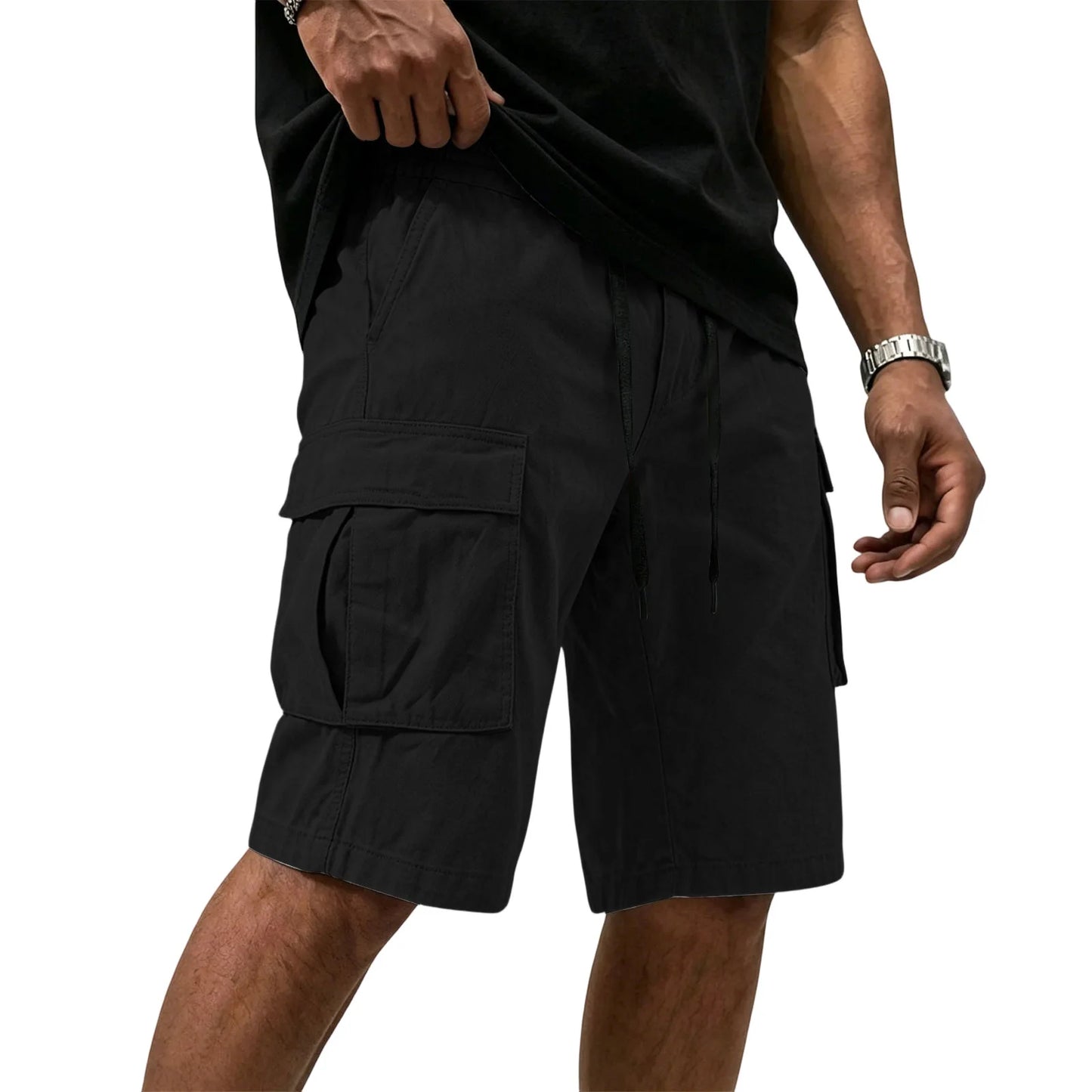 Men Multi-color Cargo Shorts Summer Loose Drawstring Elastic Waist Multi Pocket Quick Dry Casual Five Point Street Shorts