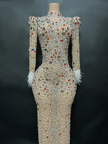 Sparkly pearl Rhinestone Transparent Long Dress Evening Birthday Celebrate Party Luxurious Costume Dancer Flashing Dress