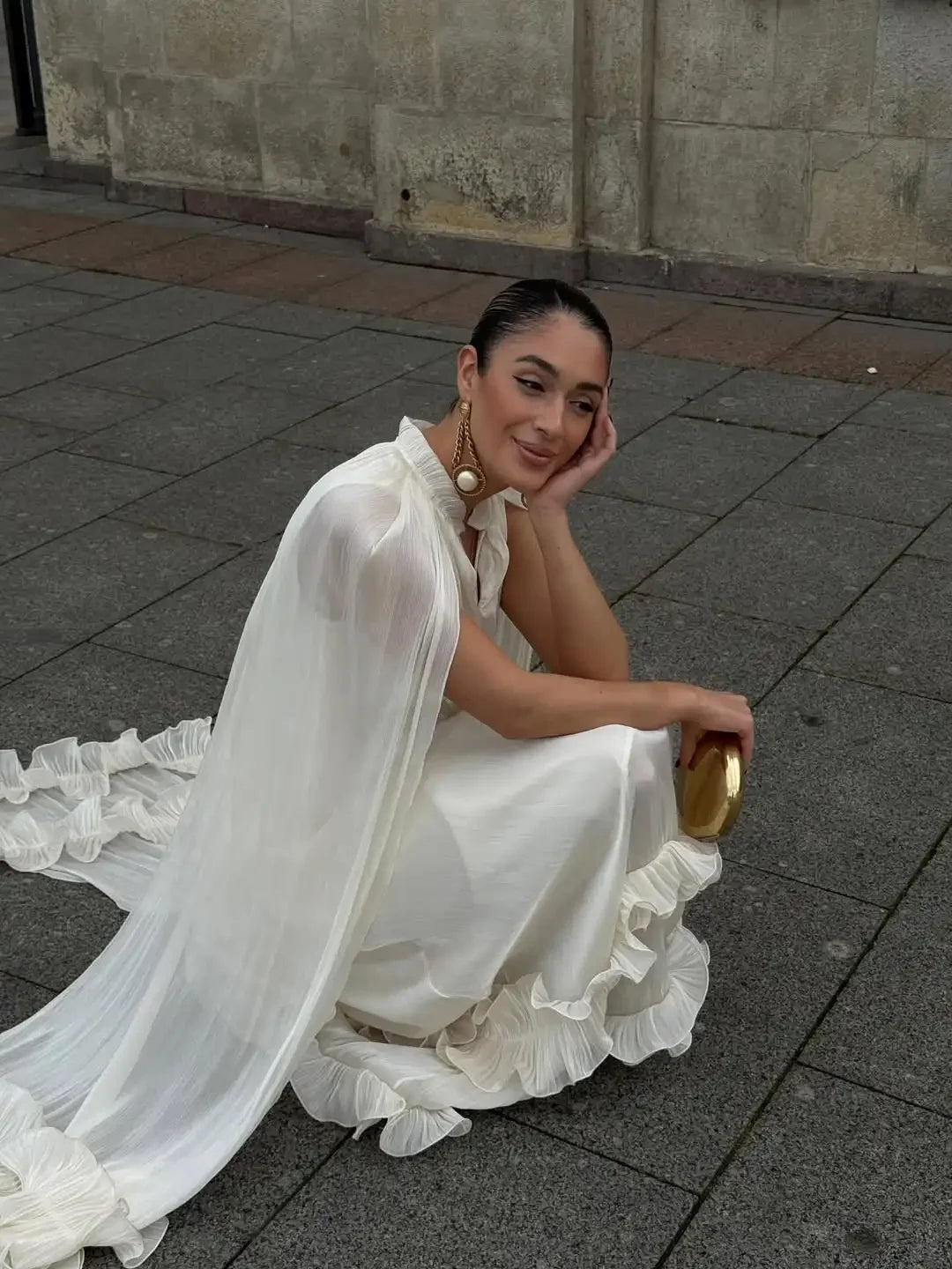 Women Solid Cloak Long Dresses Fashion Stand Neck Lace Sleeveless Ruffle Irregular Hem Dress 2025 New Summer Street Lady Gown