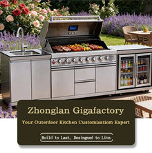Cuisine d'extérieur en acier inoxydable avec barbecue, réfrigérateur, plaque de cuisson, évier et roulettes pour terrasse et jardin