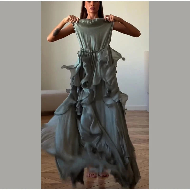 Sexy Cascading Ruffle Pleated Women Long Dress Fashion Lace Up Sleeveless Empire Female Dresses 2026 Spring Summer Lady Robe