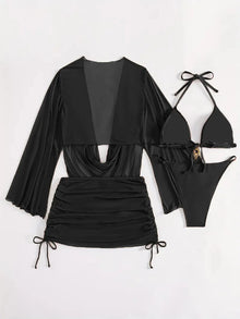 4 Piece Sexy Solid Color Bikini Set With Sheer Cover Up