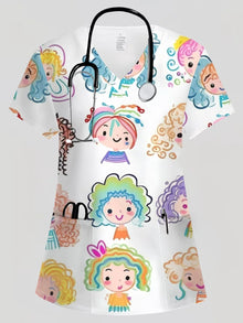 Surgical Uniforms Woman Tooth Cartoon Print Summer Nursing V-Neck Short Sleeve Tops Fashion Dental Microelastic Medical Uniform