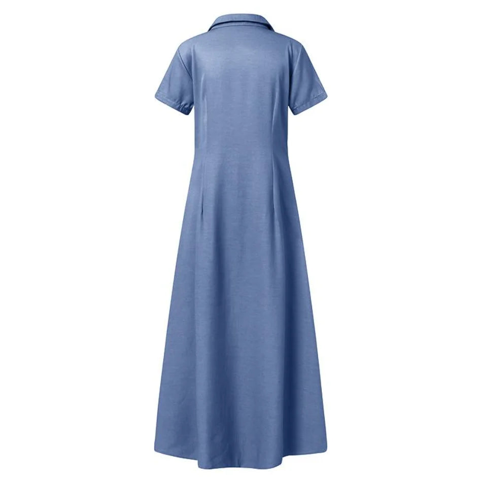 Fashion Casual Elegant Long Dress Summer Cowboy Turn-down Collar Short Sleeve Party Dress for Women Solid Button Design Vestidos