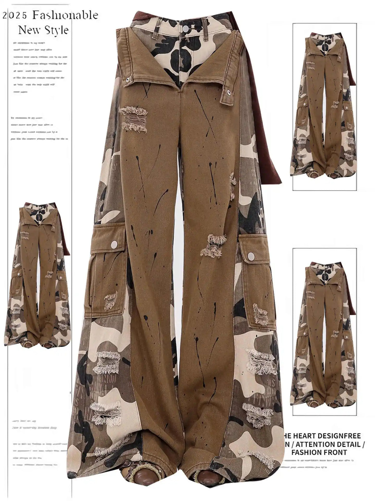 Jean cargo femme marron à patchwork camouflage, style vintage Harajuku, coupe large, jean déchiré style Y2K japonais des années 2000