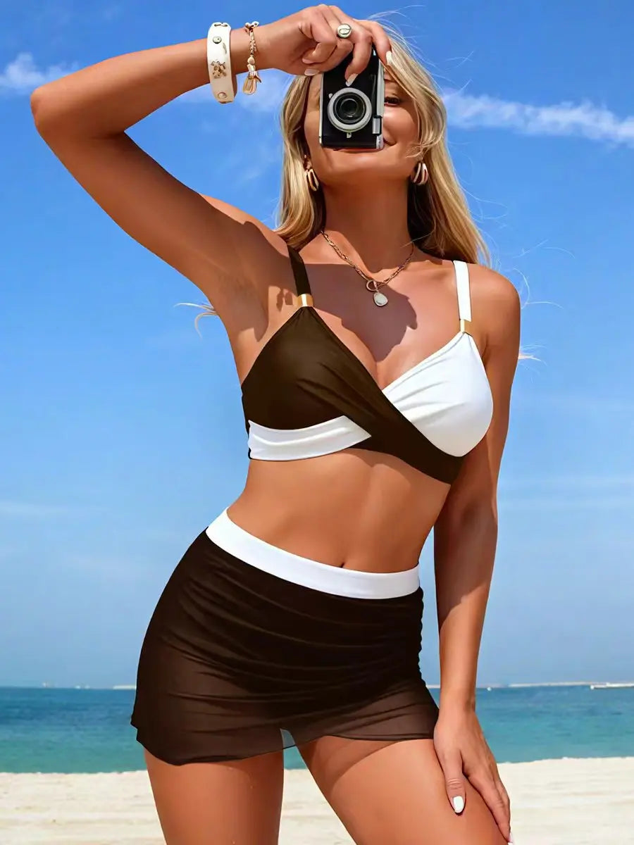 VigoBreviya 2026 Black White Patchwork Swimwear Women Cross Push Up Bikini Set Swimsuit Lady Solid Beach Mesh Skirt Bathing Suit