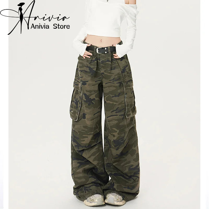 Women's Green Camouflage Workwear Pants Jeans Y2K American High Street Harajuku Loose Wide Leg Long Jeans Casual Clothing 2026