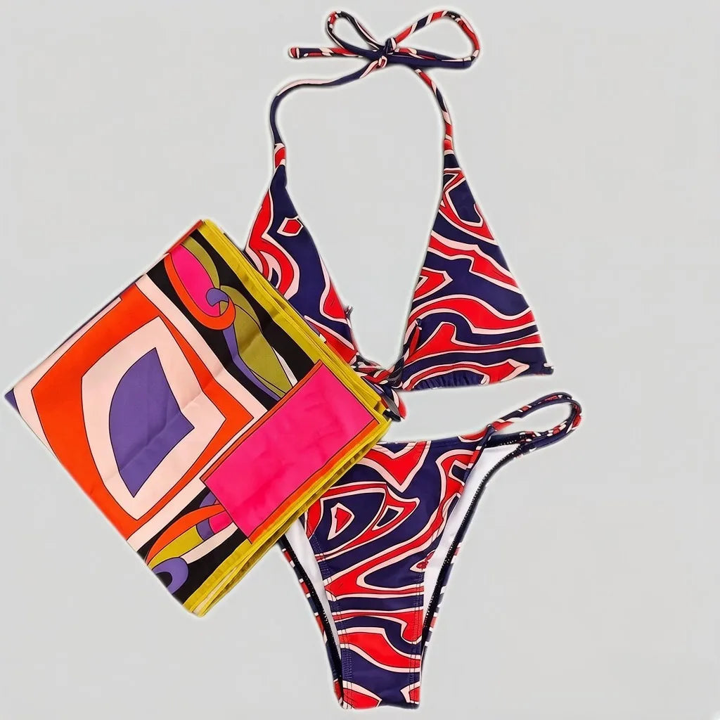 2026 Fashion Design Women's Red Scarf Sling Swimsuits Classic Brand Lady Scarf Bikini Sets with Letter Signature Logo