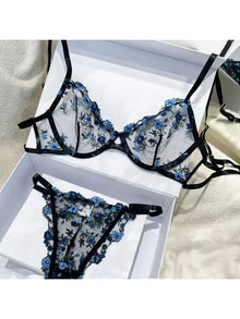 YUQI French Style Luxury Lingerie-Floral Embroidery Black Sheer Bra Set, Sensual Women's Intimates Elegant Transparent Underwear