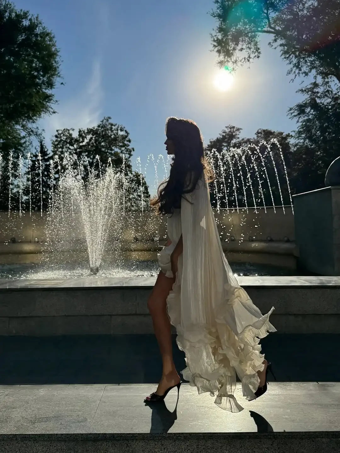 Women Solid Cloak Long Dresses Fashion Stand Neck Lace Sleeveless Ruffle Irregular Hem Dress 2025 New Summer Street Lady Gown