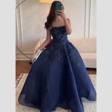 2026Navy Lace Strapless 3D Flowers A Line Prom Gown Strapless Floor Length Applique Elegant Sleeveless Evening Dres Party Dress