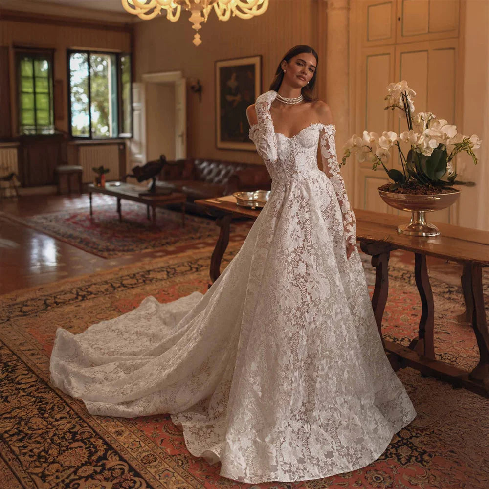 Customized Off-Shoulder Lace Wedding Dress Long Sleeve Sweetheart Bridal Gown with Train Formal Bride Dress for Women