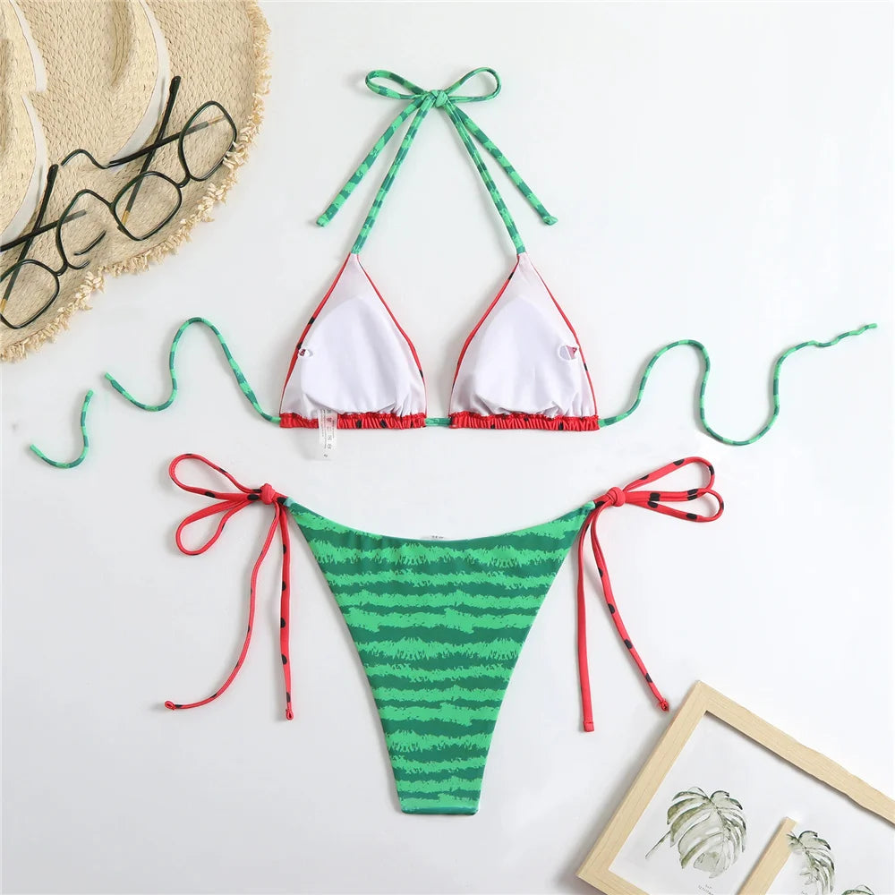 Watermelon Print Halter String Micro Bikini Swimwear Women