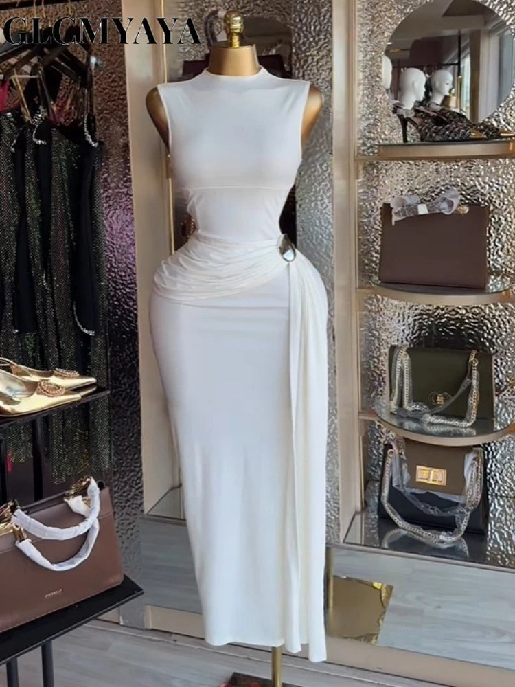 GLCMYAYA Women Sleeveless O-neck Stacked Ruched Side Up Bodycon Midi Maxi Dress 2026 Cocktail Even Birthday Party Trendy Dresses