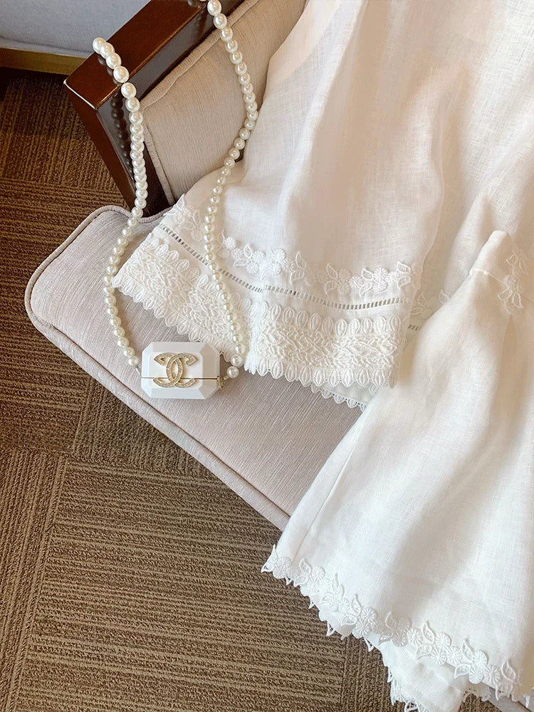 Summer 2025 Women's Embroidered Lace Trim Linen Two-Piece Set Sleeveless Top And Shorts Outfit Elegant And Proper Fashionable