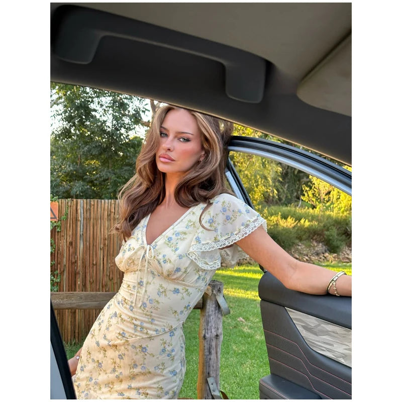 Fashion V-neck Floral Women Maxi Dress Flutter Sleeve Lace Trim High Waist Chiffon Vestidos Summer Female Daily Vacation Dresses