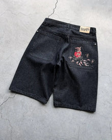 Hip Hop Cartoon Pattern Pocket Embroidery Denim Shorts Y2k Retro Baggy Dark Blue Jeans Short Men Women Street Skateboard Jorts