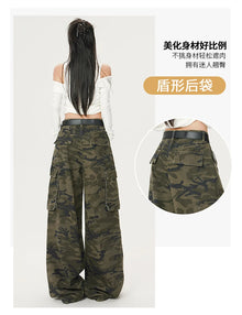 Women's Green Camouflage Workwear Pants Jeans Y2K American High Street Harajuku Loose Wide Leg Long Jeans Casual Clothing 2026