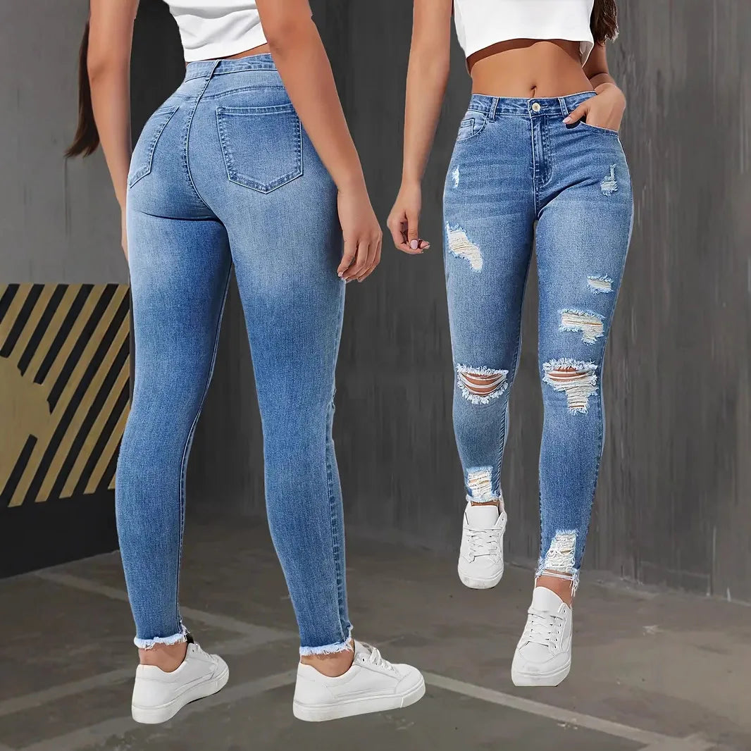 Women Pencil Pants Hole Jeans Streetwear Washed Ripped High Waist Vintage Stretch Distressed Denims Female Ankle Length Trousers