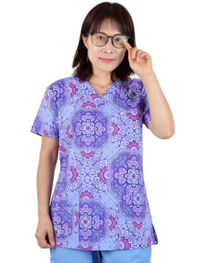 Hennar Print Vet Scrub Uniform For Women In 100% Cotton 4 pockets,XXS-5XL Pet Doctors Medical Scrub Tops