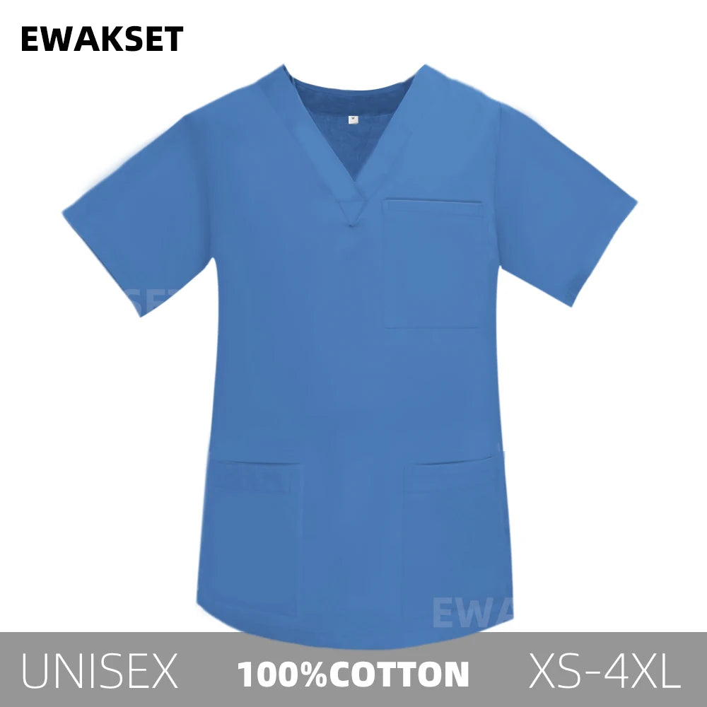 Unisex Solid Surgical Top 100% Cotton Shirt medical Uniforms Short Sleeve V-neck 3 Pocket Scrub Tops for Women Men