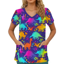 Clinical Uniform Woman Dinosaur Cartoon Print Vet Scrubs Woman Tops V-Neck Short Sleeve with Micro Stretch Nurse Uniform Woman