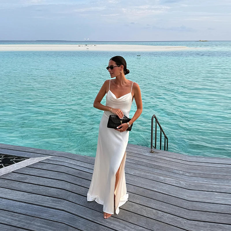 Luxury White Satin Backless Veatido Women Sexy Spaghetti Strap V-neck High Split Midi Dress Vacation Evening Party Beach Outfits
