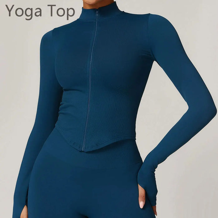 Seamless Zipper Long Sleeve Women Crop Top Yoga T Shirts