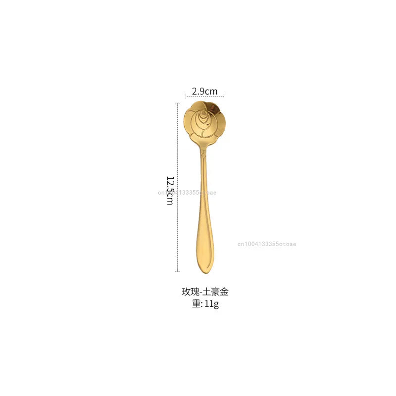 1pcs Stainless Steel Cherry Rose Flower Gold Scoop Coffee Spoon Gifts Kitchen Dessert Tea Accessories Tableware Decoration