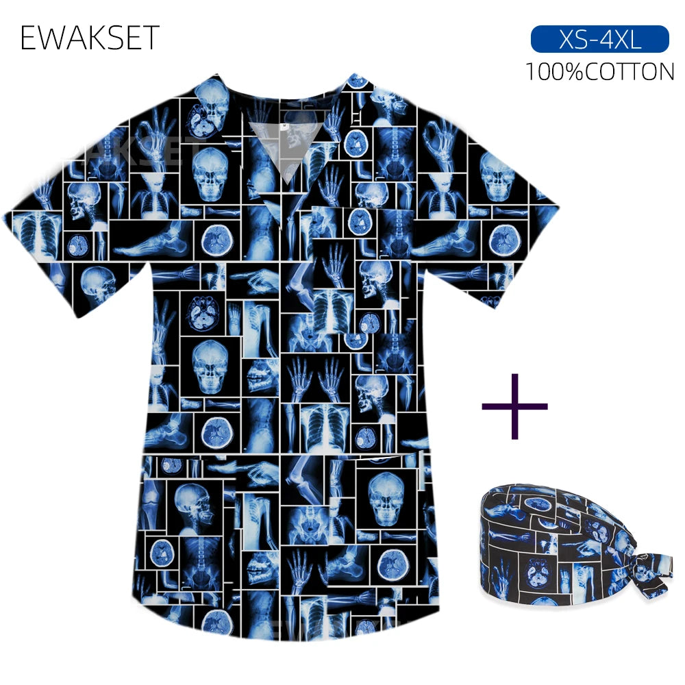 Women men Cartoon X-ray Surgical Tops pure Cotton Short Sleeve Medical Uniform Hospital Clinic Scrubs Blouse orthopedics Clothes
