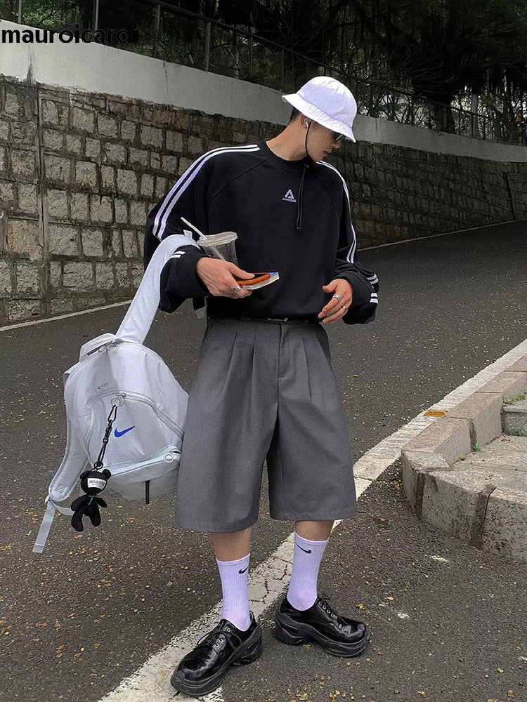 Mauroicardi Spring Summer Loose Casual Soft Grey Pleated Shorts for Men with High Waist Short Straight Pants Korean Clothes 2024