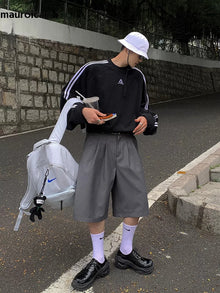 Mauroicardi Spring Summer Loose Casual Soft Grey Pleated Shorts for Men with High Waist Short Straight Pants Korean Clothes 2024
