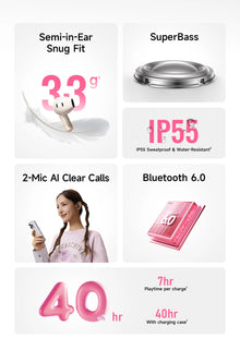 Baseus Bass BS2 Lite True Wireless Earbuds Bluetooth 6.0 Semi-in-Ear Earphones 2-Mic AI ENC 40H Playtime IP55 SuperBass Ear buds