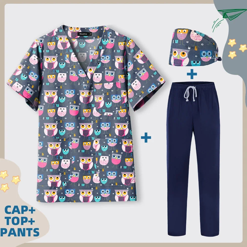 Print Dogs/Cats/Rabbit Scrub Tops Women Men Medical Scrub Shirts Pet Shop Vet Workwear Doctor Nurse Uniform Dentist Overalls Cap