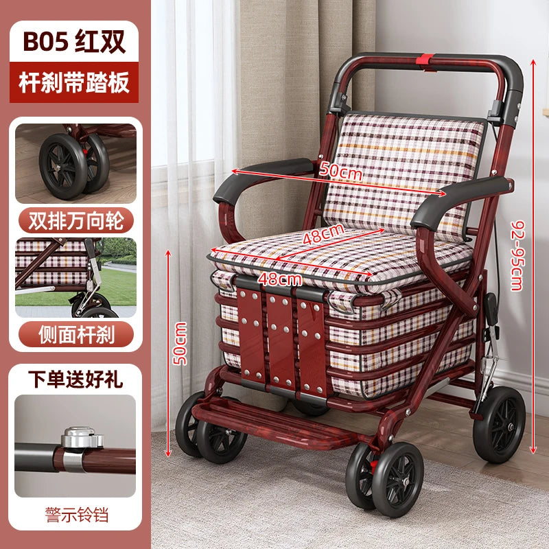Foldable Shopping Cart with Seat 4 Wheel Walker Push Cart Large Capacity Grocery Trolley for Elderly Outdoor Mobility