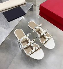 Women Soft Leather Stud Flat Shoes Open Toe Summer Black White Brown Slippers Seam Retro Leisure Slides EU34-43 Big Gold Rivets