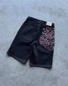 Hip Hop Cartoon Pattern Pocket Embroidery Denim Shorts Y2k Retro Baggy Dark Blue Jeans Short Men Women Street Skateboard Jorts