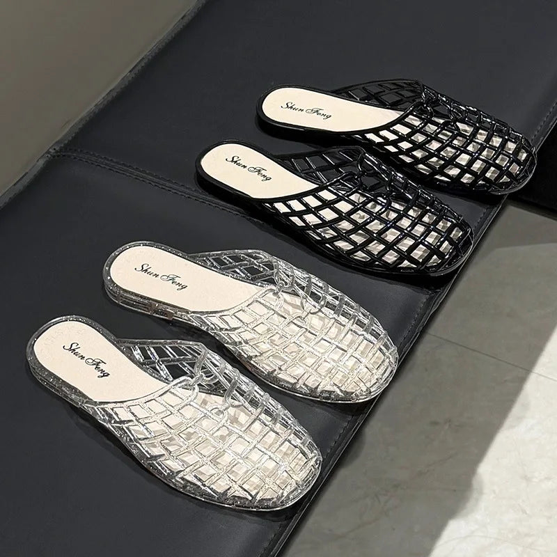 Women's slippers summer breathable women's cool sandals summer sparkling flat hollow out versatile hooded cool sandals for women