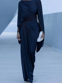 Slim Evening Dress With Slash Collar Long Sleeve Solid Color