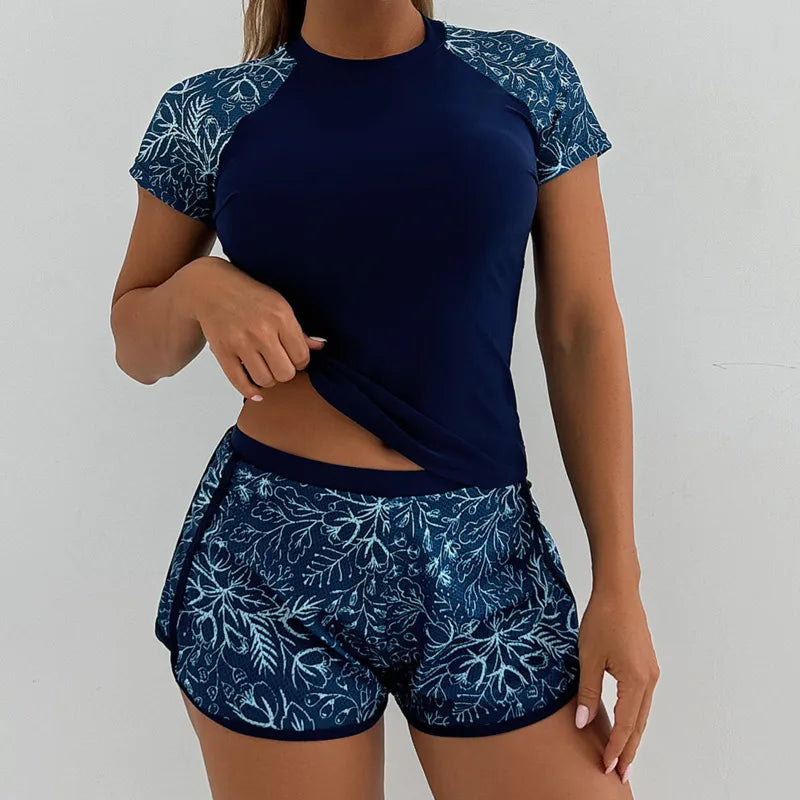 Women's Swimsuit Tankini Set Female Short Sleeve Swimwear 2025 Surfing Sports Pool Beachwear Two-Piece Bathing Suits With Shorts