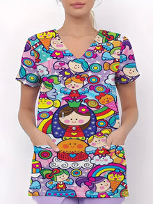 Surgical Uniforms Woman Tooth Cartoon Print Summer Nursing V-Neck Short Sleeve Tops Fashion Dental Microelastic Medical Uniform