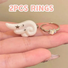 Punk Gothic Wings Ring Set Y2K Star Angel Wings Rings Couple Rings Adjustable Rings Five-Pointed Star Design Open Ring Women Men