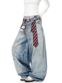Women's Distressed Denim Wide Leg Jeans Y2K Grunge Style Tie & Pearl Chain Printing High Waist Casual Streetwear Trousers